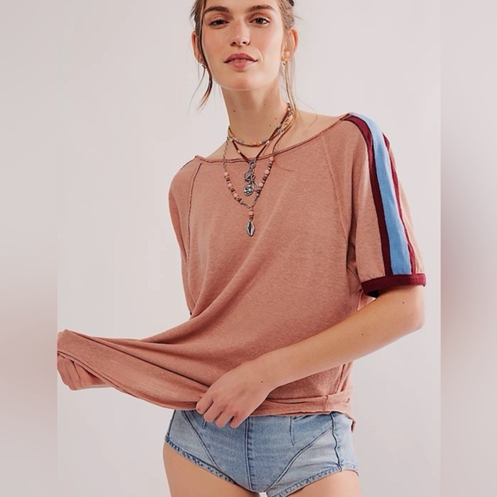 Free People We The Free “Play to Win” Tee Size M Sporty Striped Sleeve EUC